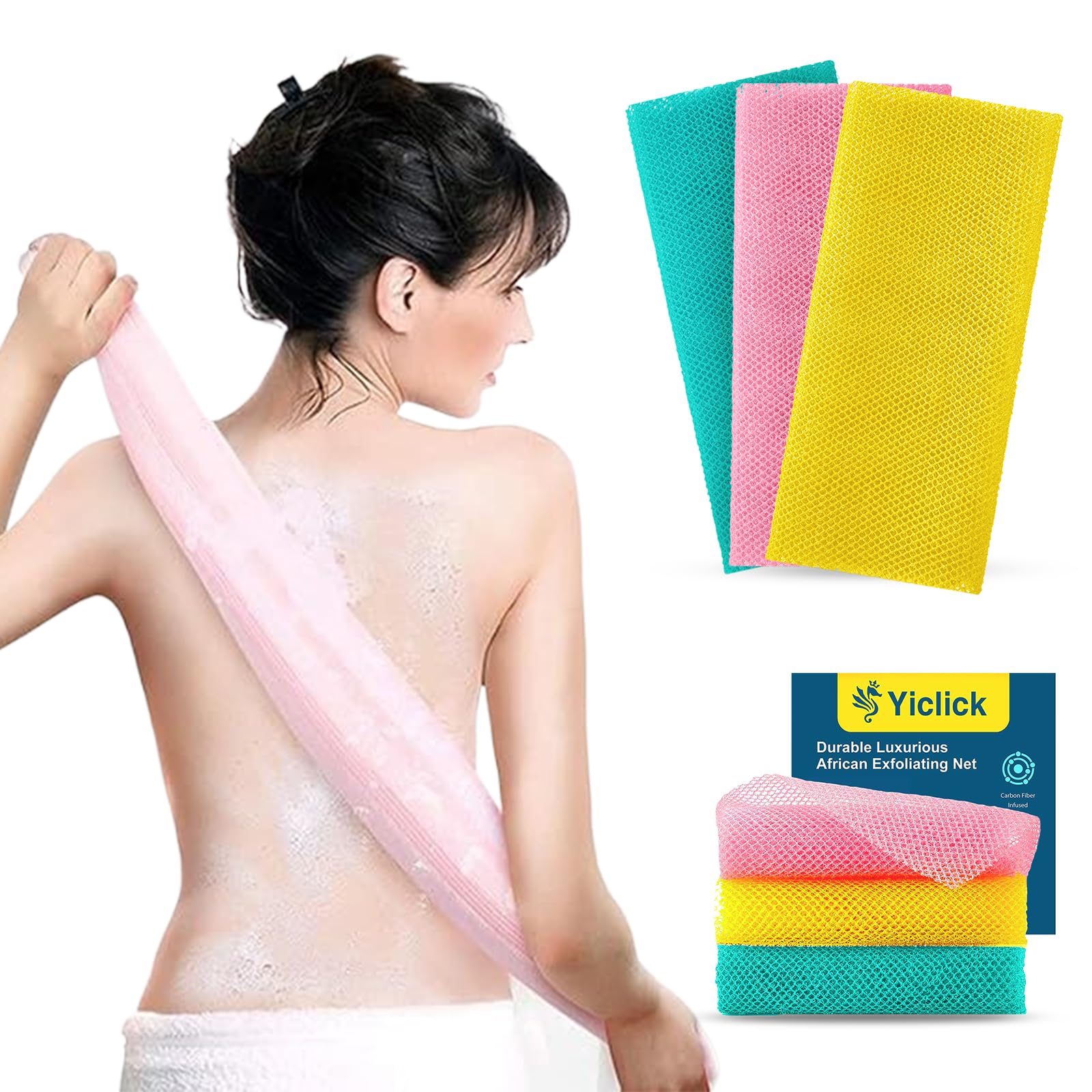 Yiclick Exfoliating Body Scrubber, Back Scrubber for Shower Bath, Exfoliating Washcloth Towel for Men Women, Body Exfoliator Loofah Luffa Sponge Net Rag Back Washer (Green+Pink+Yellow)