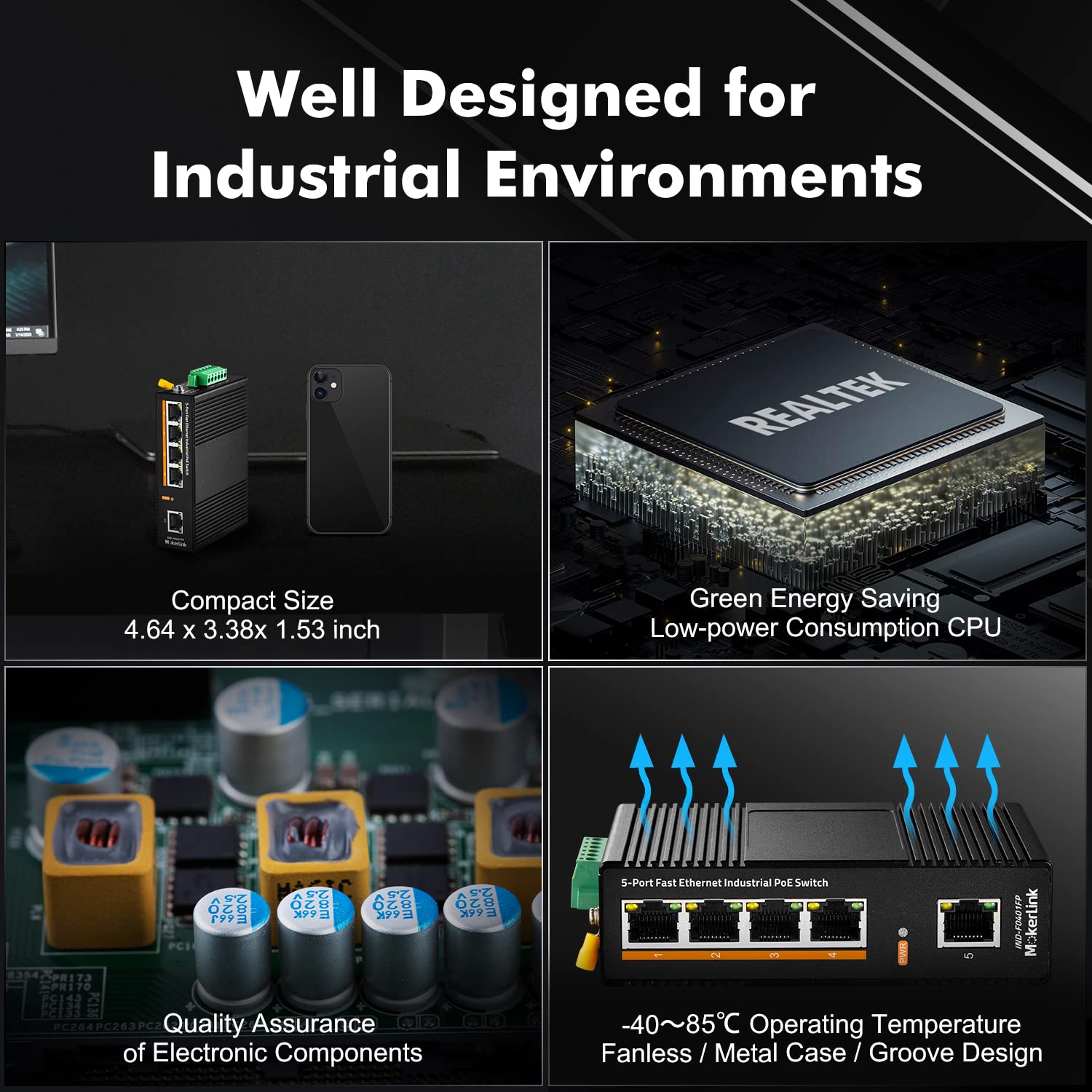 MokerLink 5 Port PoE Industrial DIN-Rail Network Switch, 60W IEEE802.3af/at PoE Power, 10/100Mbps Fast Ethernet, IP40 Rated Network Switch (-40 to 185°F), with UL Power Supply