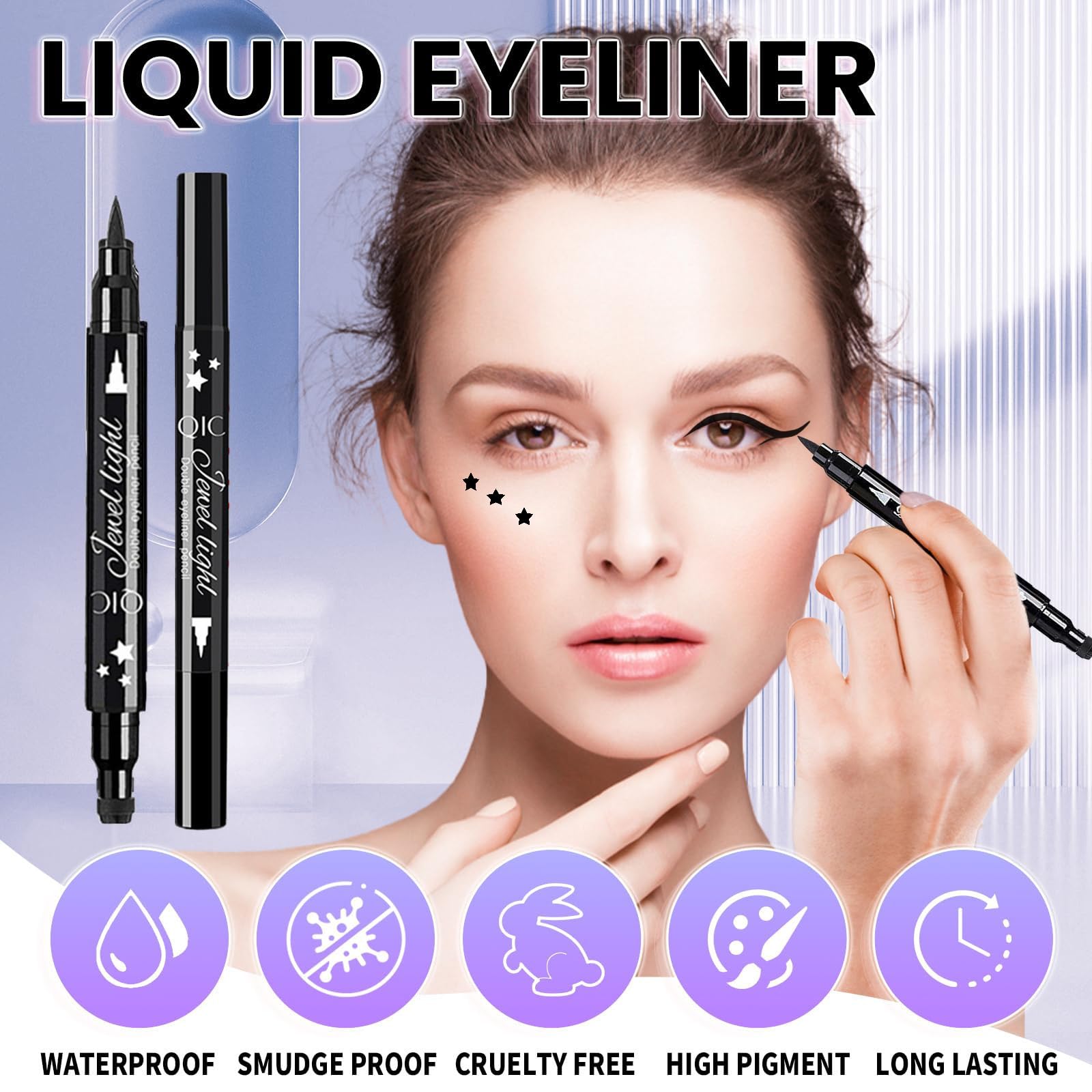 Go Ho Black Liquid Eyeliner Stamp,Star Stamp Eyeliner Makeup,Double-Side Waterproof Eyeliner Pen,Long-lasting Smudge-proof Tattoo Tools,Black Eye Liner Makeup,1 PC