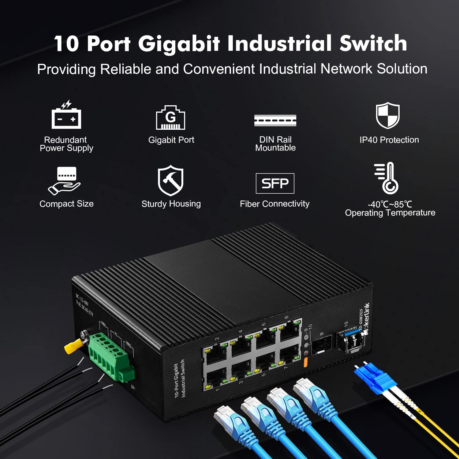 MokerLink 8 Port Gigabit Industrial DIN-Rail Ethernet Switch, 2 SFP Ports with 1 LC 20KM Module(SMF), IP40 Rated Unmanaged Network Switch (-40 to 185°F), with UL Power Supply