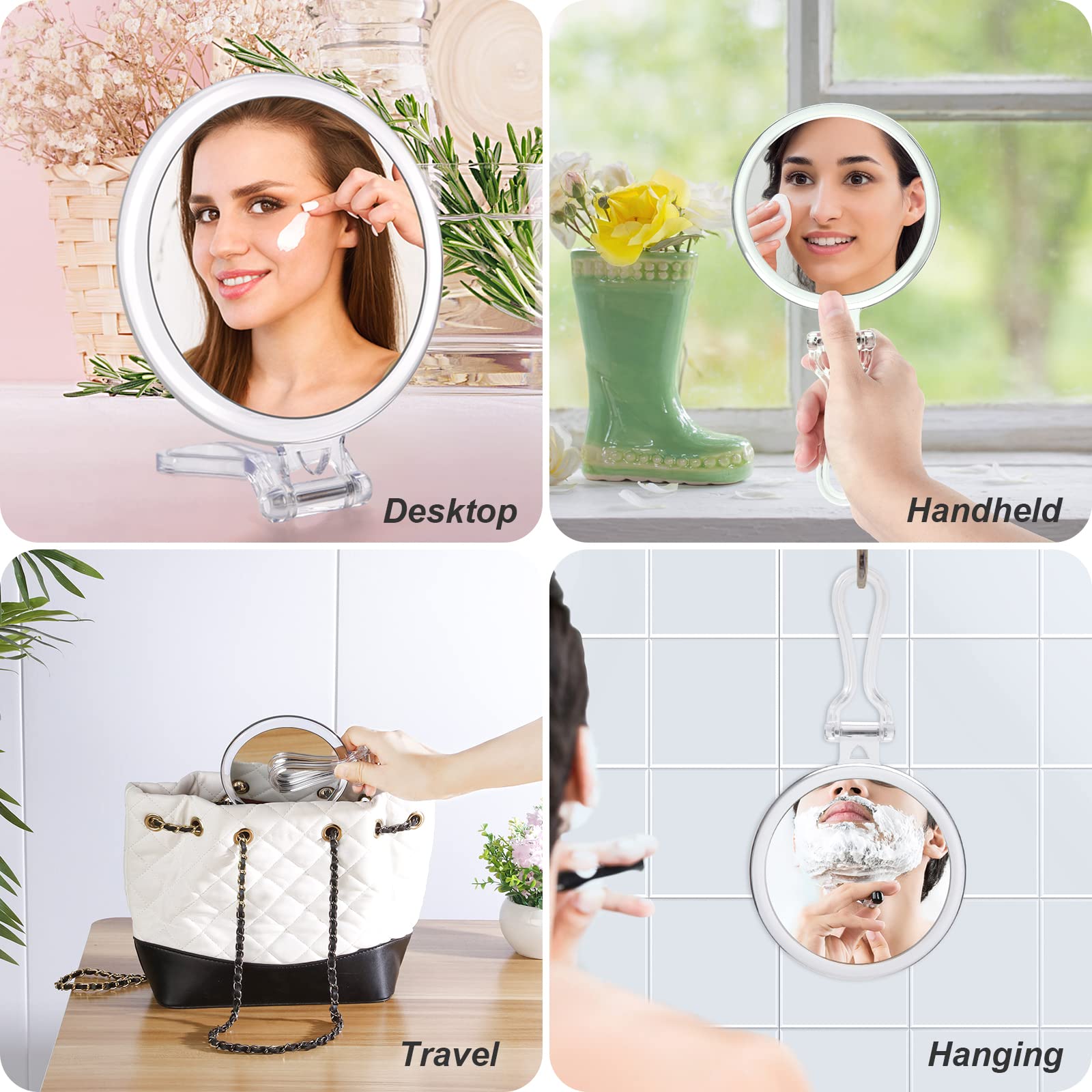 AMISCE 10x Magnifying Handheld Mirror, 2-Sided with Adjustable Stand, Foldable and Portable, Suitable for Makeup, Shaving, Deep Cleaning