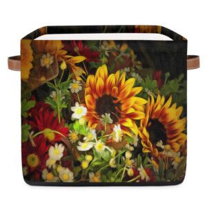 auuxva storage cube bin sunflower floral art painting large storage cube basket 13×13in, collapsible storage bin with handles, fabric storage box for closet shelves nursery toys home organization