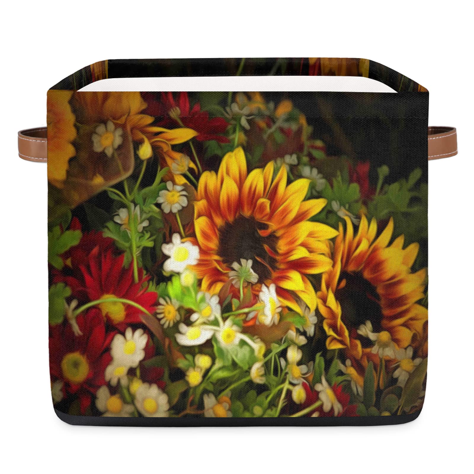 AUUXVA Storage Cube Bin Sunflower Floral Art Painting Large Storage Cube Basket 13×13In, Collapsible Storage Bin With Handles, Fabric Storage Box For Closet Shelves Nursery Toys Home Organization