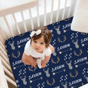 munific deer and arrow baby crib sheets, personalized antlers blue fitted crib bedding sheets with name, custom crib mattress sheets for baby boys girls, pack and play sheets, name crib sheets