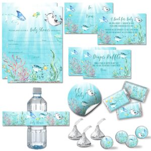 amanda creation underwater cute sea life baby shower party bundle includes 20 each of invitations with envelopes + 4 different sizes of decorative stickers, diaper tickets & bring a book cards