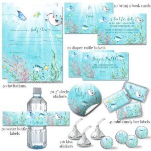 Amanda Creation Underwater Cute Sea Life Baby Shower Party Bundle Includes 20 each of Invitations with Envelopes + 4 Different Sizes of Decorative Stickers, Diaper Tickets & Bring a Book Cards