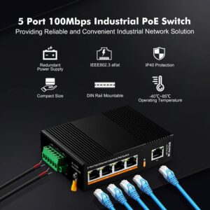 MokerLink 5 Port PoE Industrial DIN-Rail Network Switch, 60W IEEE802.3af/at PoE Power, 10/100Mbps Fast Ethernet, IP40 Rated Network Switch (-40 to 185°F), with UL Power Supply