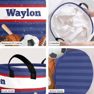 Personalized Laundry Basket Hamper,Sport Ball Striped,Collapsible Storage Baskets with Handles for Kids Room,Clothes, Nursery Decor