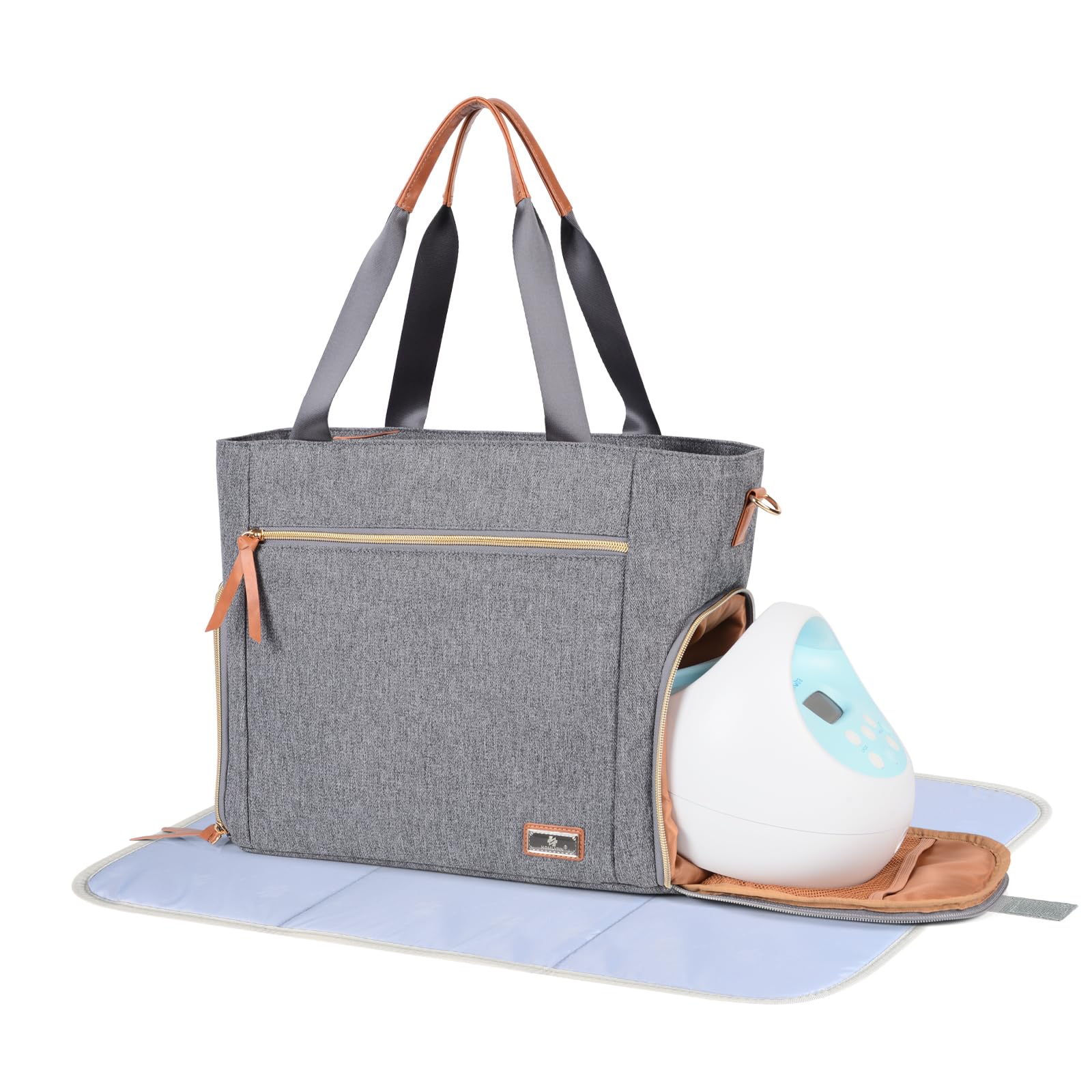 Homlynn Baby Diaper Tote Bag with Cooler Pocket, Fit Most Breast Pumps, Moistureproof Tote Bag have Dry Wet Separation Pockets Convenient Mother Working Outdoor Travel(Grey)