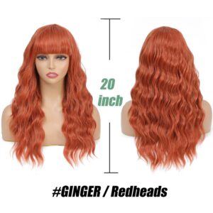 SOKU Ginger Wavy Wig with Air Bangs Women's Short Bob 20 Inch Ginger Red Hair Wave Synthetic Curly Cosplay Wig for Girls Daily Use Colorful Redhead Wigs