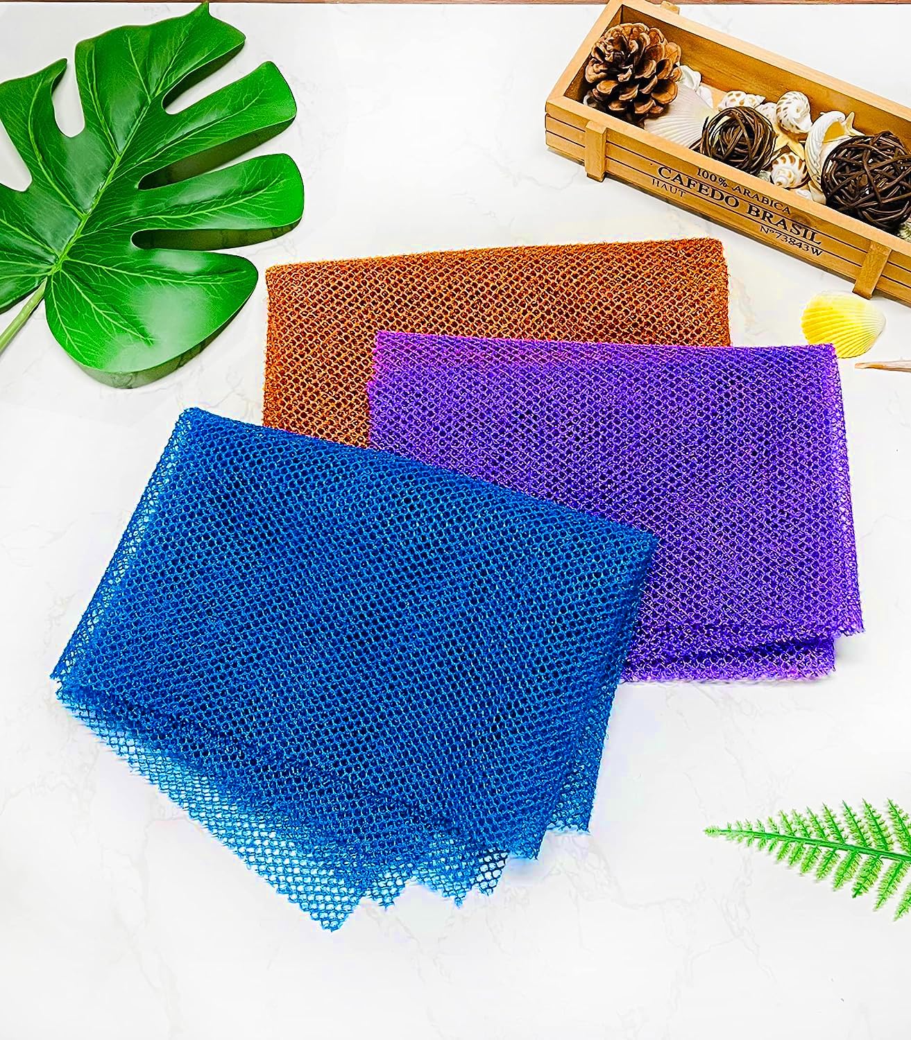 Yiclick Exfoliating African Net Sponge - Exfoliating Body Scrubber Exfoliator, Exfoliating Washcloth Towel, Exfoliate Rags Wash Cloth Loofah Sponge for Body Scrub, Back Scrubber (Purple+Browm+Blue)