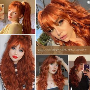 SOKU Ginger Wavy Wig with Air Bangs Women's Short Bob 20 Inch Ginger Red Hair Wave Synthetic Curly Cosplay Wig for Girls Daily Use Colorful Redhead Wigs