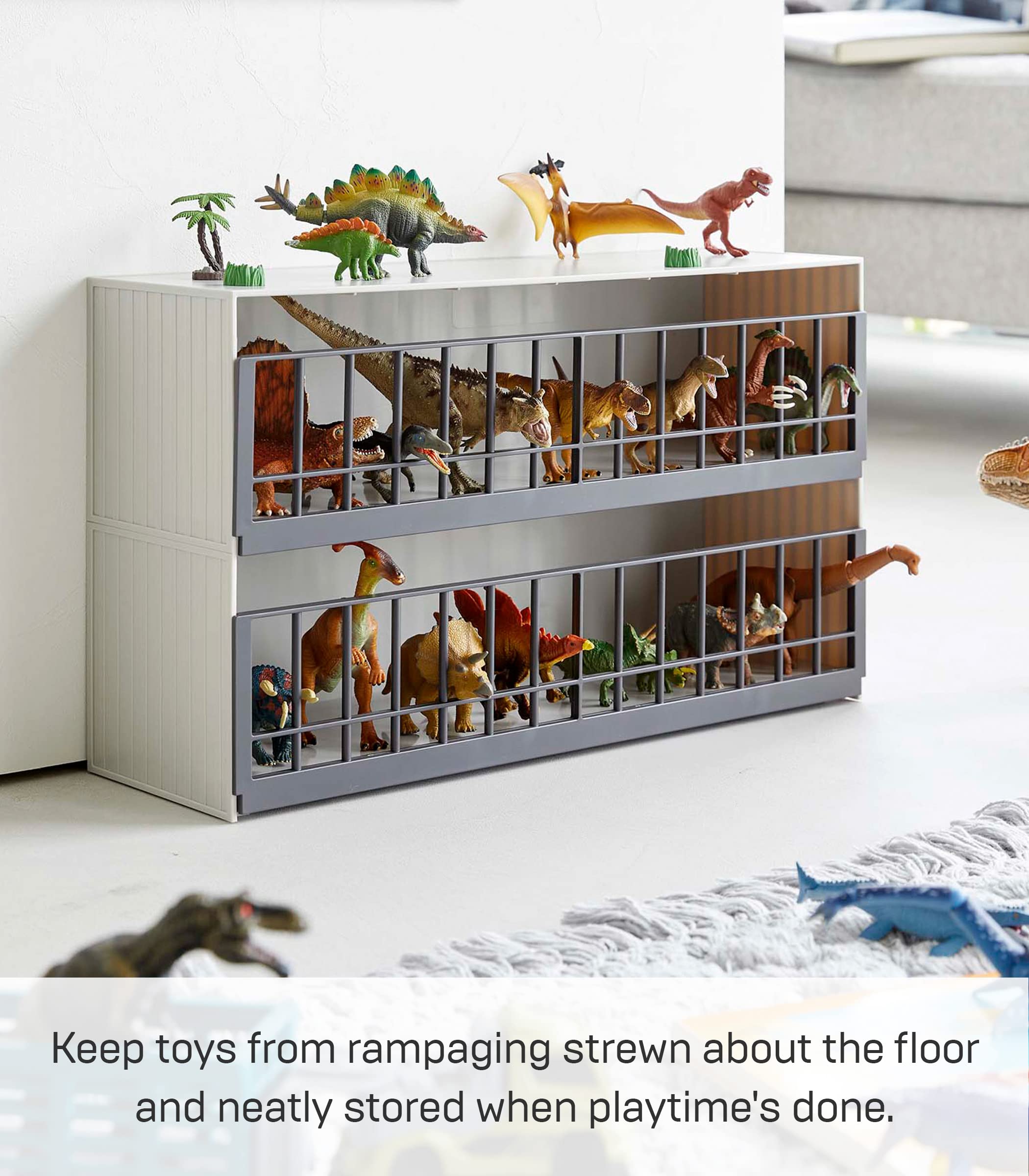 Yamazaki Home Two-Tier Toy Dinosaur and Animal Display Storage Rack, Childrens' Toy Bin Organizer Box, Plastic, Stackable, No Assembly Req.