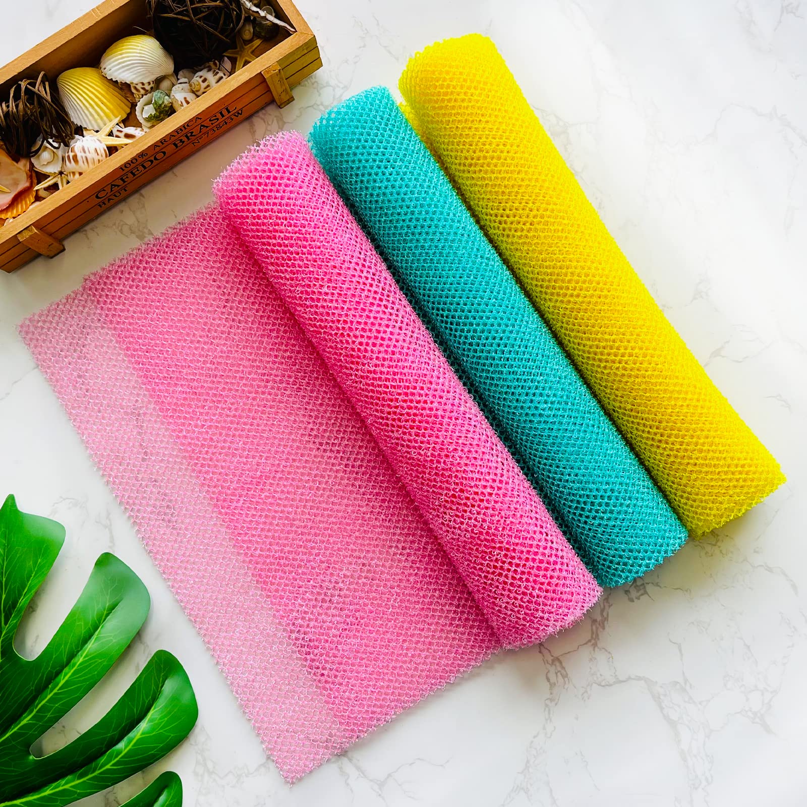 Yiclick Exfoliating Body Scrubber, Back Scrubber for Shower Bath, Exfoliating Washcloth Towel for Men Women, Body Exfoliator Loofah Luffa Sponge Net Rag Back Washer (Green+Pink+Yellow)