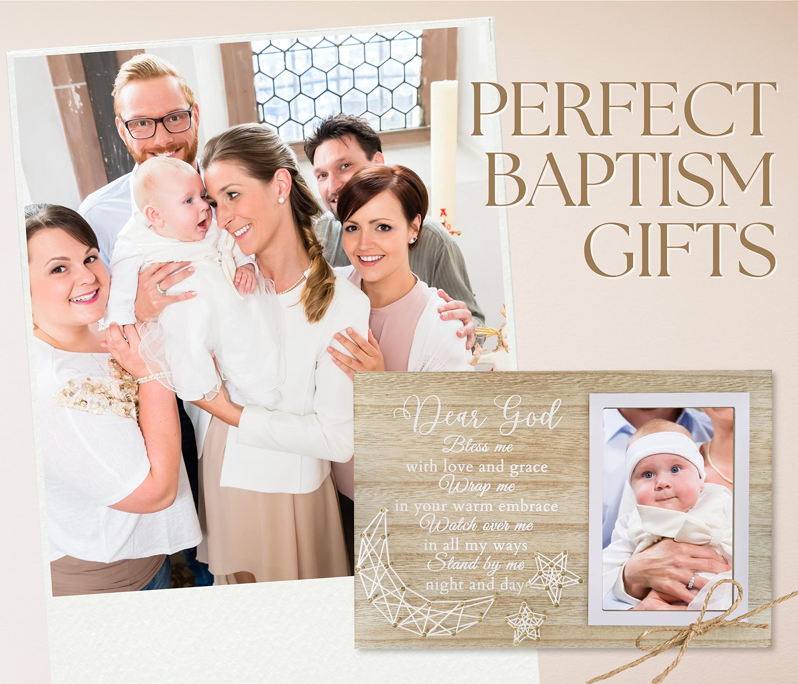 Baptism Gifts for Girls - Baptismal Gifts, Christening Gifts for Baby Girls, Boys - Baby Dedication Gifts from Godmother, Godfather, Godparent - Wood Picture Frame, 4"x 6" Photo, Wall & Tabletop