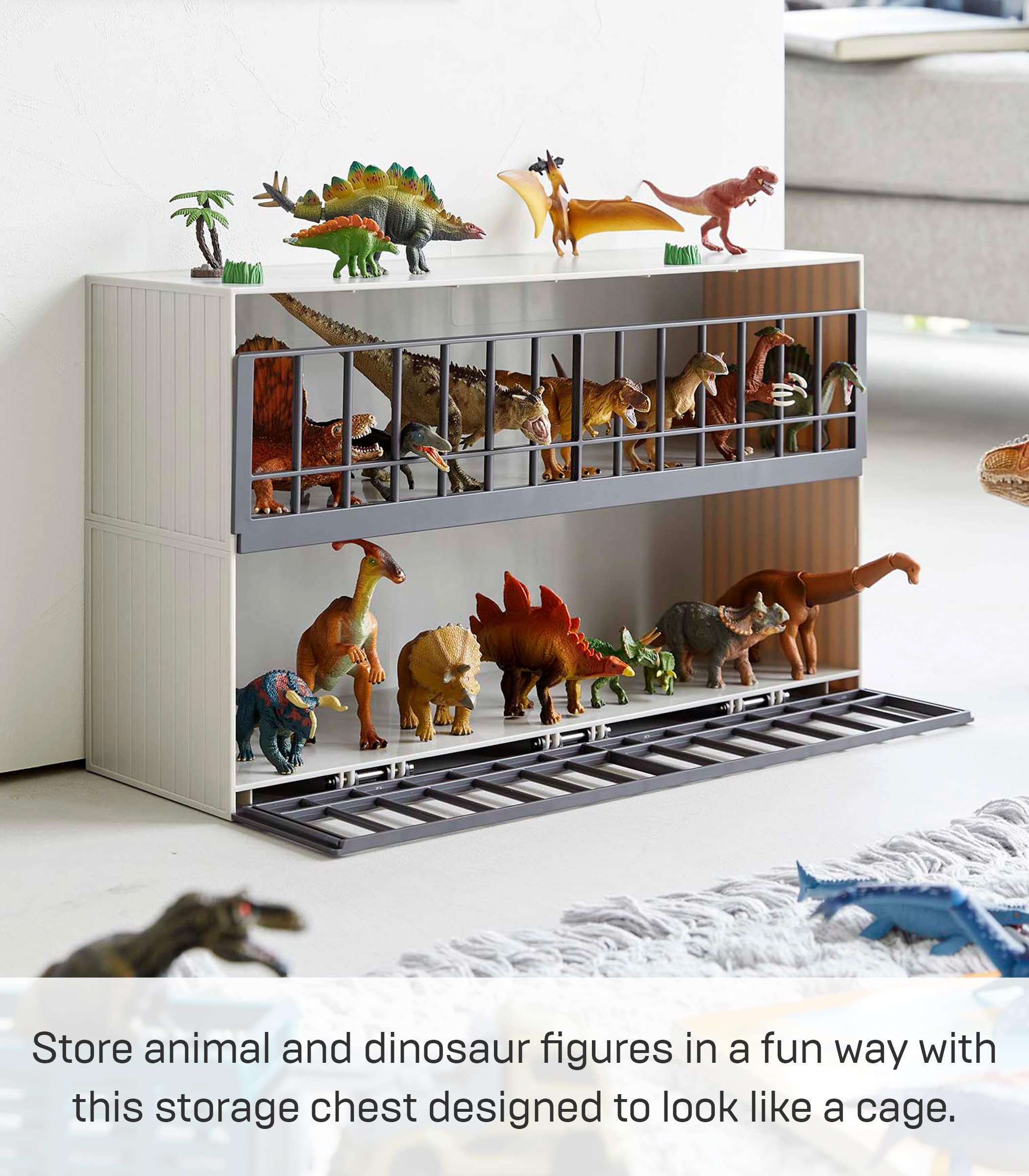 Yamazaki Home Two-Tier Toy Dinosaur and Animal Display Storage Rack, Childrens' Toy Bin Organizer Box, Plastic, Stackable, No Assembly Req.