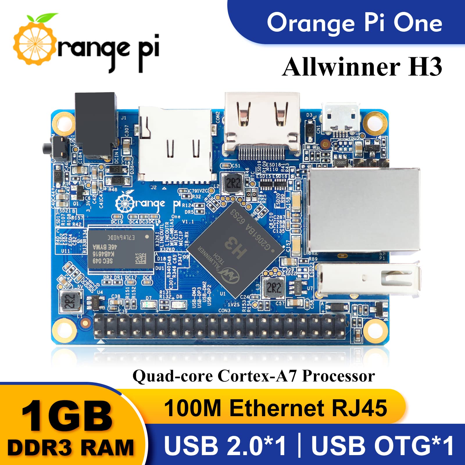 Orange Pi One Single Board Computer 1GB DDR3 AllWinner H3 Quad Core Run Android Ubuntu Debian (One(1GB)+Case+Power Supply)