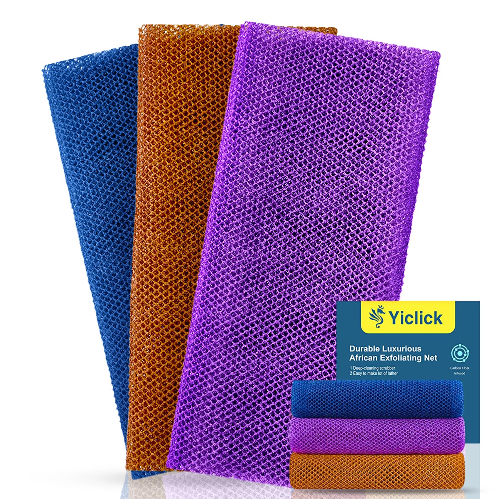 Yiclick Exfoliating African Net Sponge - Exfoliating Body Scrubber Exfoliator, Exfoliating Washcloth Towel, Exfoliate Rags Wash Cloth Loofah Sponge for Body Scrub, Back Scrubber (Purple+Browm+Blue)