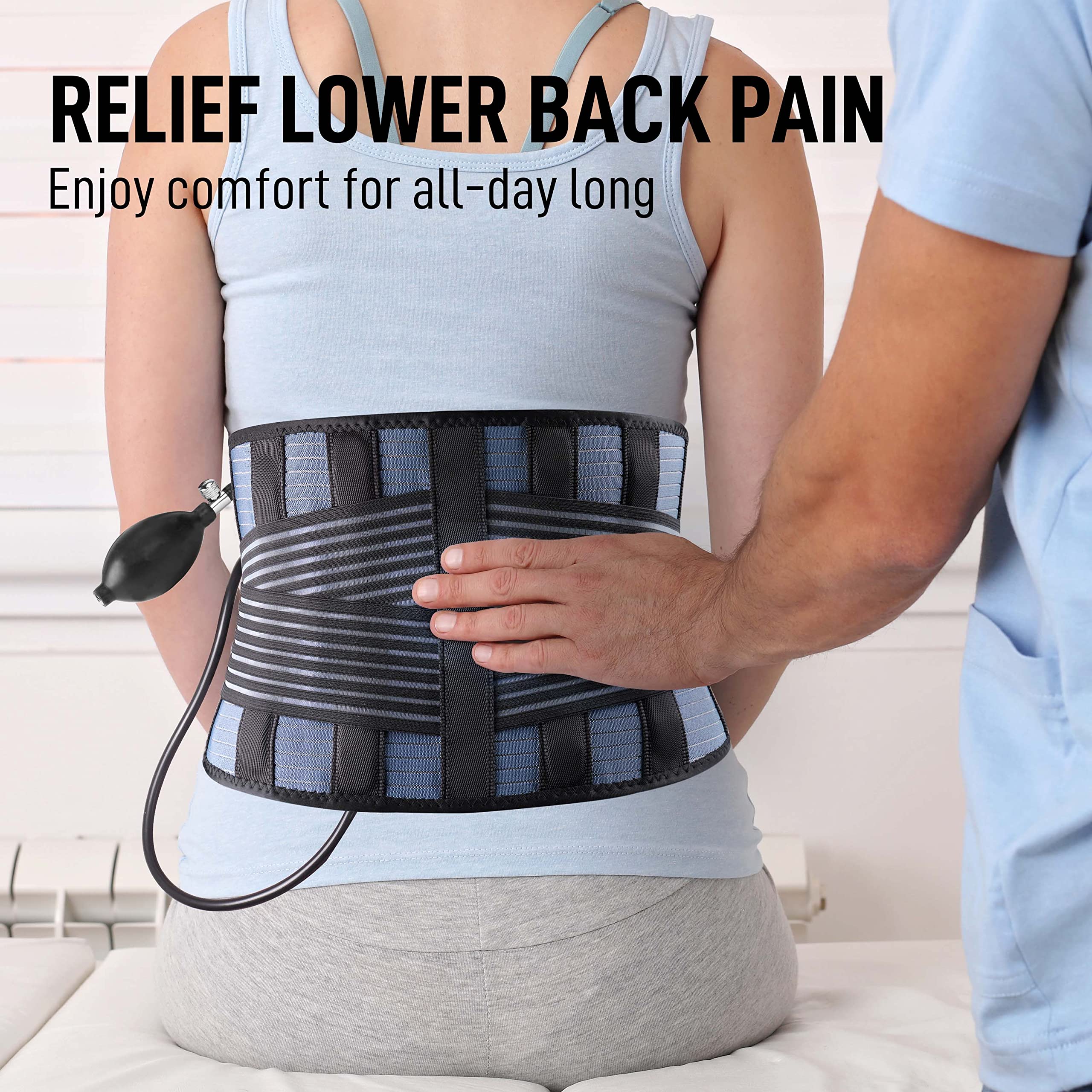 FEATOL Back Brace with Inflatable Pad for Men Women Lower Back Pain Relief, Heavy Lifting,Scoliosis and Herniated Disc Breathable Back Support Belt L/XL fits 29"-37“