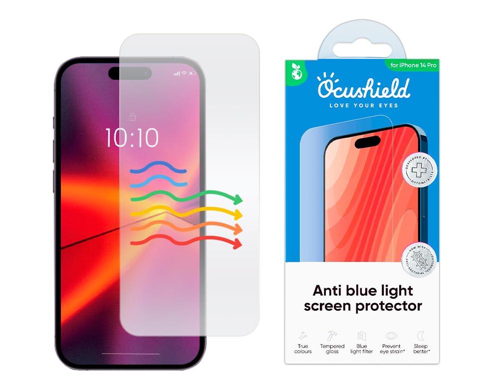 Ocushield Anti Blue Light Tempered Glass Screen Protector for iPhone 14 Pro 6.1" - Protect Your Eyes Reduce Migraines & Improve Sleep