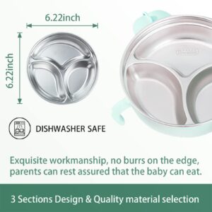 qianliyer Stainless Steel Kid Bowls Stainless Steel Suction Plates for Baby Divided Toddler Plates With Suction, Lid and Baby Bibs(Green)