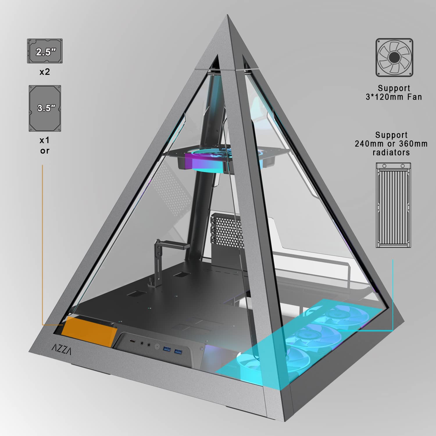 AZZA Pyramid L PCIE 4.0 - All Sides Tempered Glass ATX Mid Tower Gaming Computer Case - Front I/O USB Type-C Port - 1x 120 mm AZZA Hurricane III ARGB Fan Included.