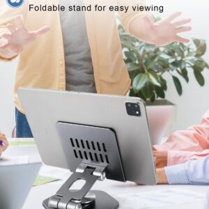 SOJUNER Tablet Stand Holder for Desk, Swivel iPad Stand with 360 Rotating Base, Aluminum Foldable Desktop Stand Holder Compatible with All Tablet Such as iPad Pro 12.9,11,10.5,9.7, Grey