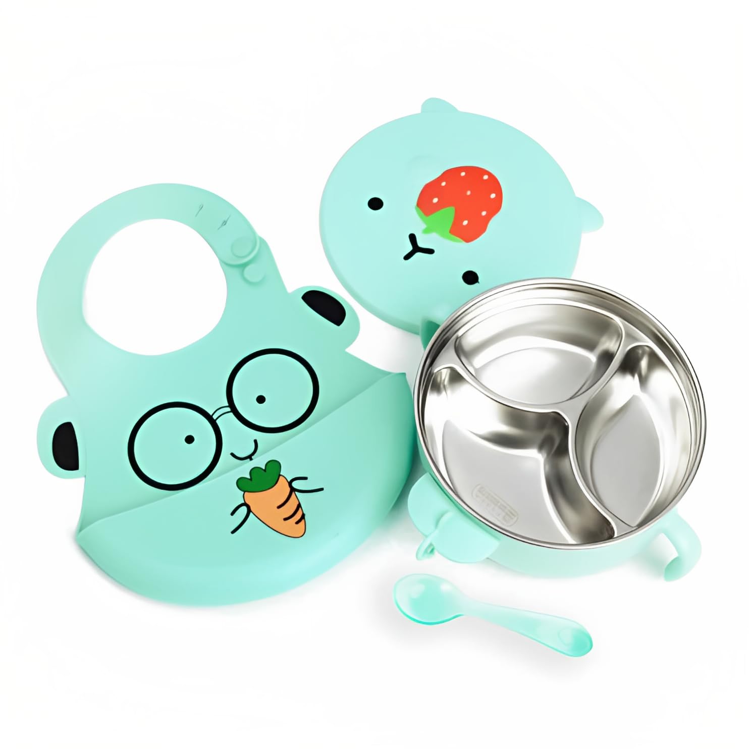 qianliyer Stainless Steel Kid Bowls Stainless Steel Suction Plates for Baby Divided Toddler Plates With Suction, Lid and Baby Bibs(Green)