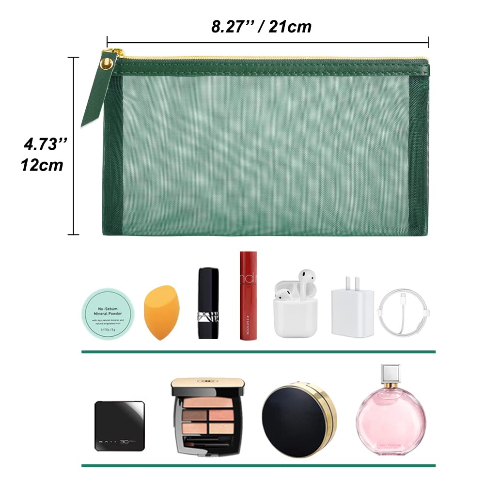 besharppin Mesh Cosmetic Bag, 4pcs Nylon Makeup Pouches with Leather Pull and Golden Zipper for Purse Diaper Bag (Emerald Green)