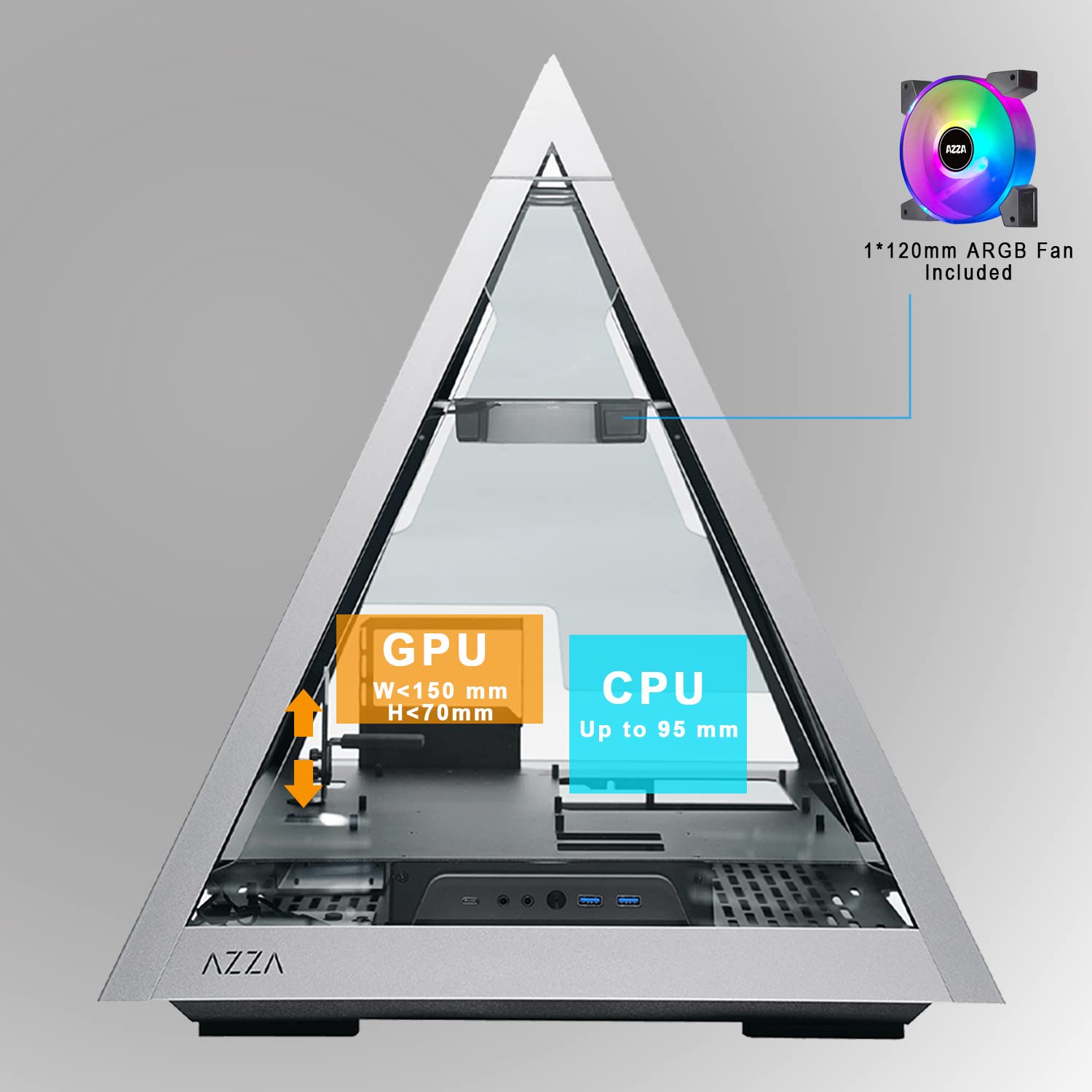 AZZA Pyramid L PCIE 4.0 - All Sides Tempered Glass ATX Mid Tower Gaming Computer Case - Front I/O USB Type-C Port - 1x 120 mm AZZA Hurricane III ARGB Fan Included.