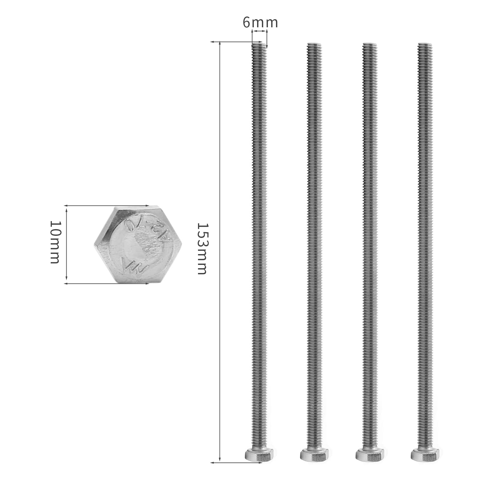 Cionyce 4 PCS M6 Hex Bolt, M6-1 x 150mm Hex Head Screws Bolts 304 Stainless Steel Hex Tap Bolts