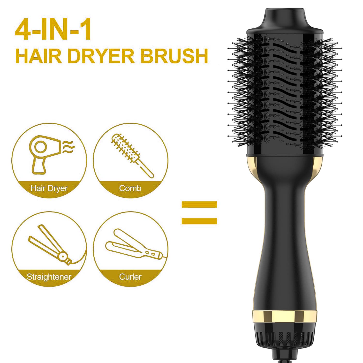 Dimecano Hair Dryer Brush, 4 in 1 One Step Hair Dryer and Styler Volumizer Professional Hot Air Brush with Negative Ion Anti-frizz Blowout for Drying, Straightening Curling - Black Gold