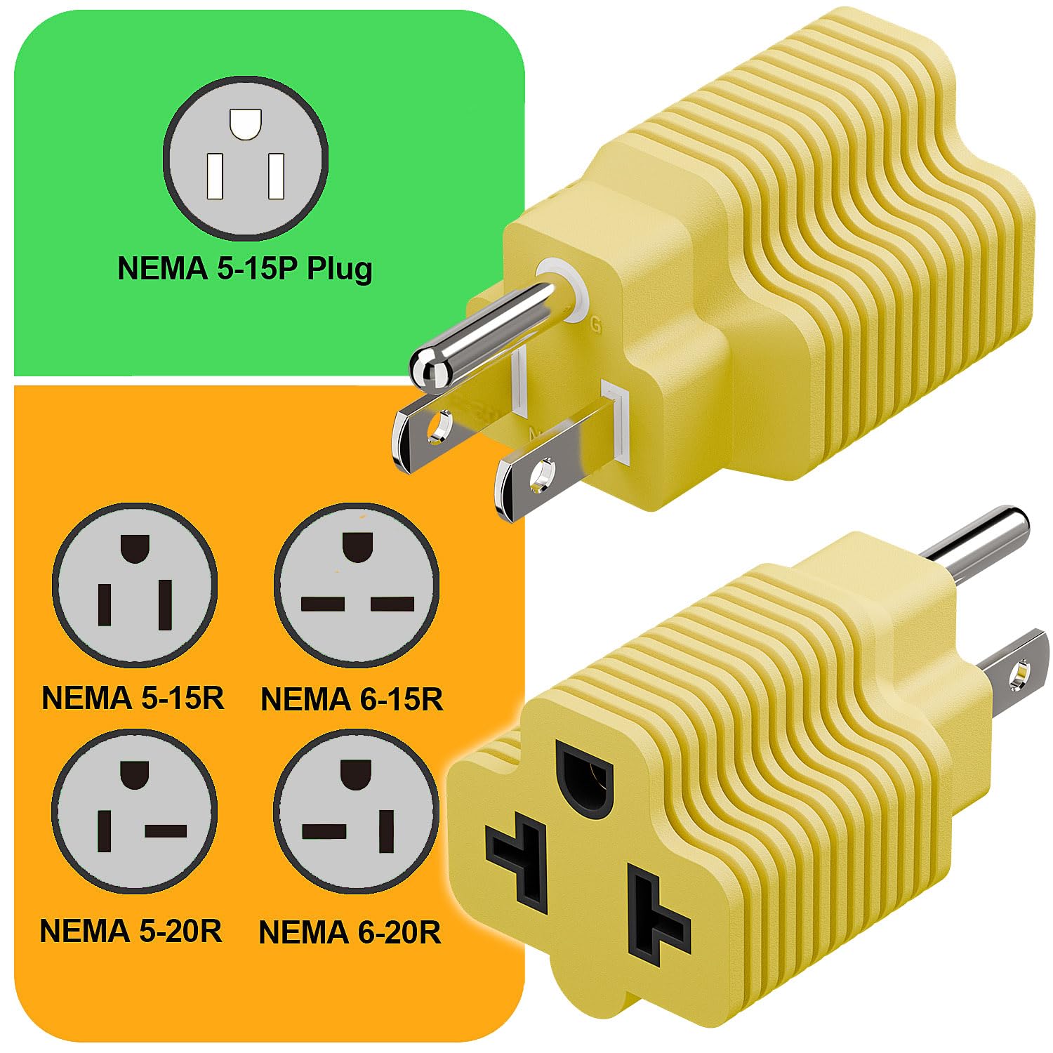 [4-in-1] 15 Amp Household AC Plug to 20 Amp T Blade Adapter,5-15P to 5-20R,5-15P to 6-15R,5-15P to 6-20R, 4 in 1 AC Power Adapter,15A 125V to 20A 250V Adapter (Yellow, 1)