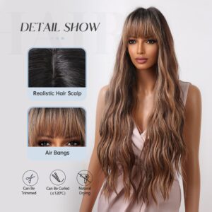 Allbell Long Wave Brown Highlight Wigs with Bangs for Women Synthetic Hair Dark Roots