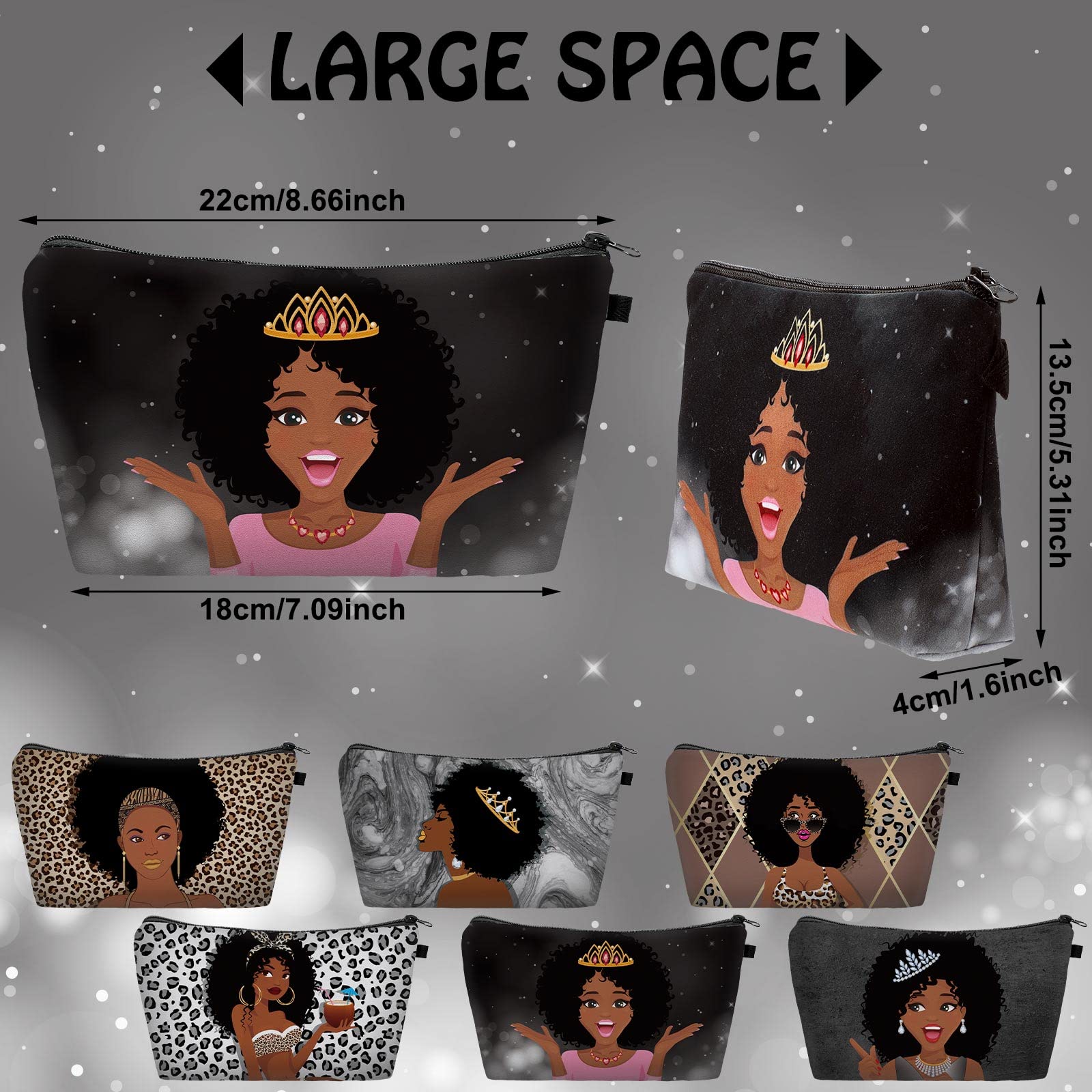 Chunful 6 Pcs Black Women Girl Makeup Bag African American Queen Cosmetic Pouch Black Girl Canvas Travel Toiletry Zippered Bag Reusable Multi Purpose Organizers for Black Lady women Gifts (Elegant)