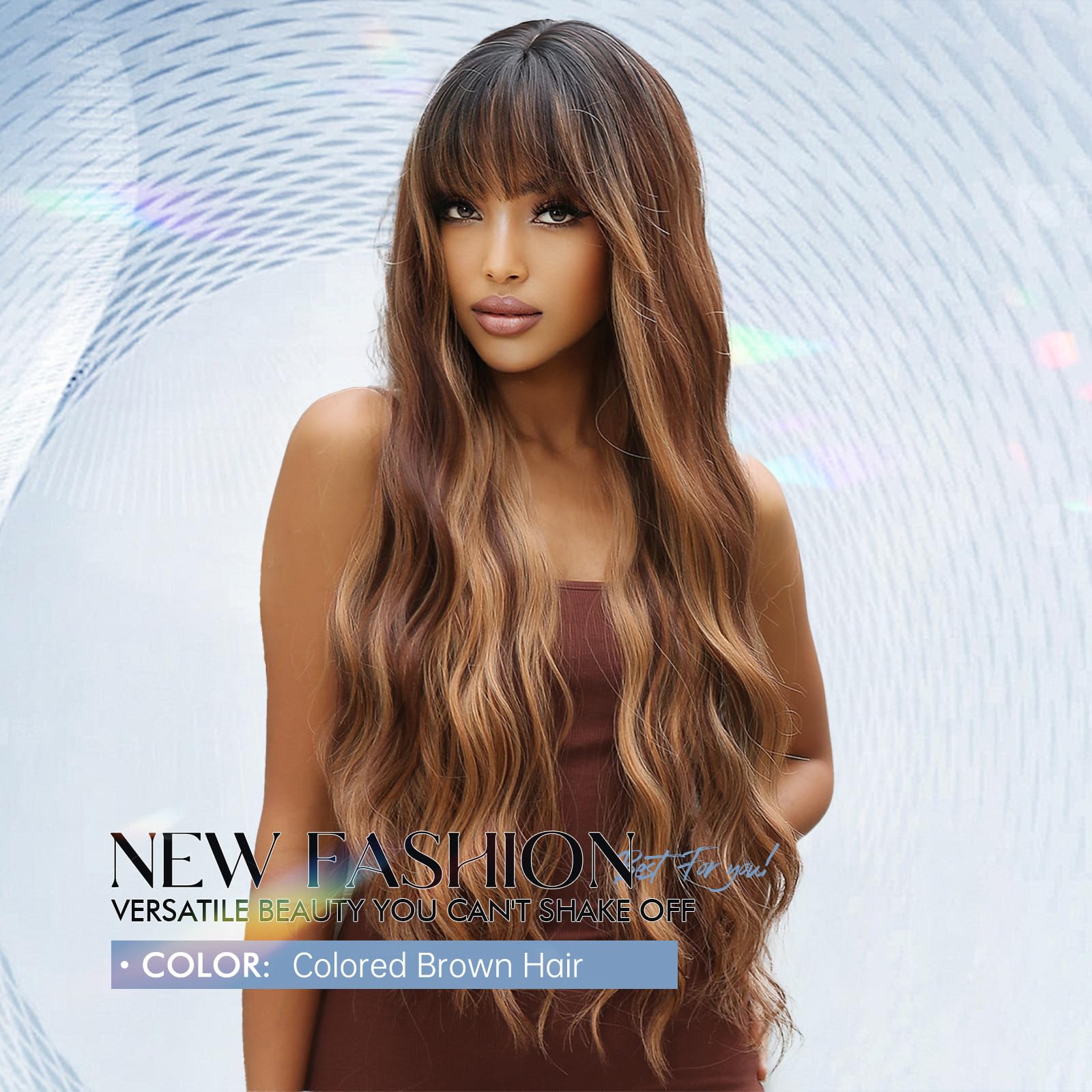 Allbell Long Wave Brown Highlight Wigs with Bangs for Women Synthetic Hair Dark Roots