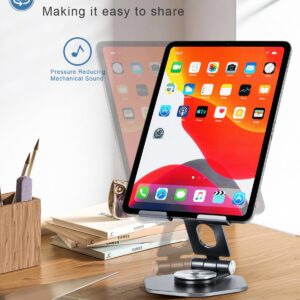 SOJUNER Tablet Stand Holder for Desk, Swivel iPad Stand with 360 Rotating Base, Aluminum Foldable Desktop Stand Holder Compatible with All Tablet Such as iPad Pro 12.9,11,10.5,9.7, Grey