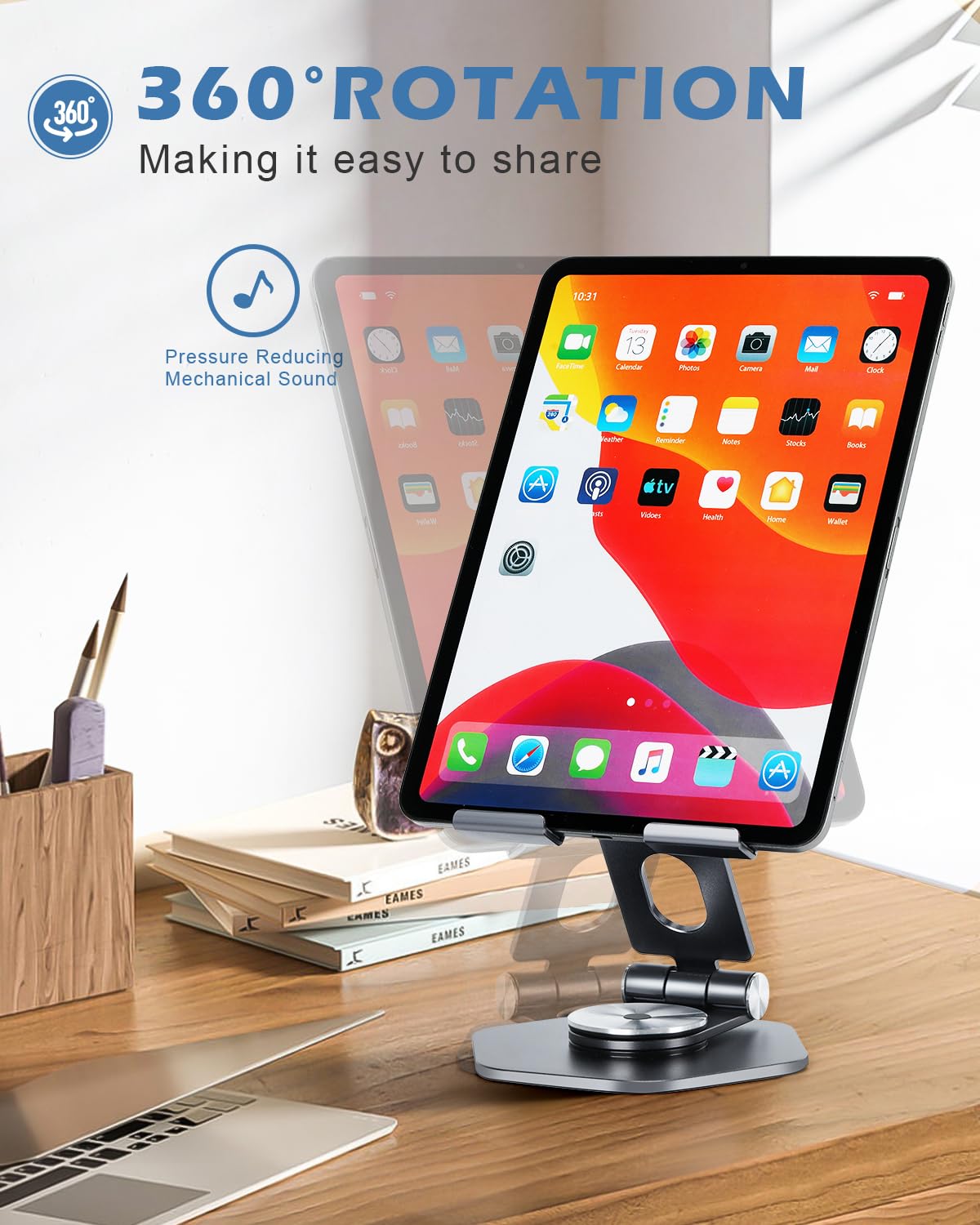 SOJUNER Tablet Stand Holder for Desk, Swivel iPad Stand with 360 Rotating Base, Aluminum Foldable Desktop Stand Holder Compatible with All Tablet Such as iPad Pro 12.9,11,10.5,9.7, Grey