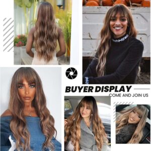 Allbell Long Wave Brown Highlight Wigs with Bangs for Women Synthetic Hair Dark Roots