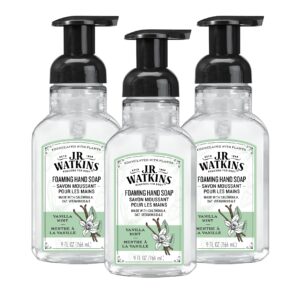 j.r. watkins foaming hand soap pump with dispenser, moisturizing all natural hand soap foam, alcohol-free, cruelty-free, use as kitchen or bathroom soap, vanilla mint, 9 fl oz, 3 pack