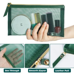 besharppin Mesh Cosmetic Bag, 4pcs Nylon Makeup Pouches with Leather Pull and Golden Zipper for Purse Diaper Bag (Emerald Green)