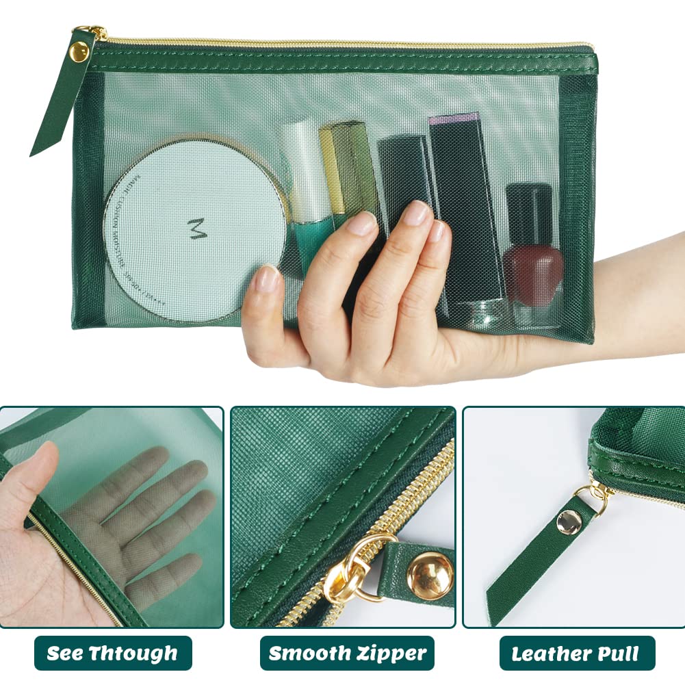 besharppin Mesh Cosmetic Bag, 4pcs Nylon Makeup Pouches with Leather Pull and Golden Zipper for Purse Diaper Bag (Emerald Green)