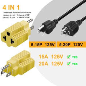 [4-in-1] 15 Amp Household AC Plug to 20 Amp T Blade Adapter,5-15P to 5-20R,5-15P to 6-15R,5-15P to 6-20R, 4 in 1 AC Power Adapter,15A 125V to 20A 250V Adapter (Yellow, 1)