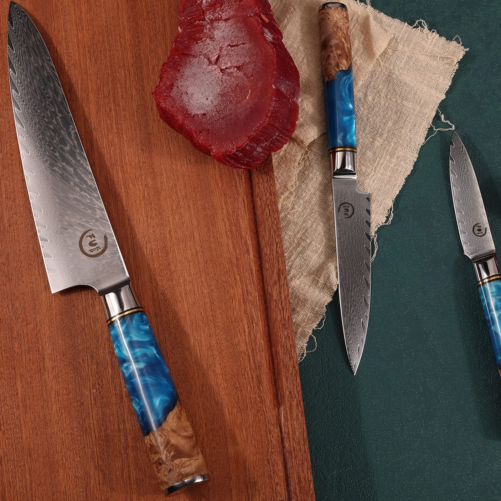 Fukep Chef Knife Set, Kitchen Knife Set of 3, Damascus VG10 Steel, Blue Handle Series