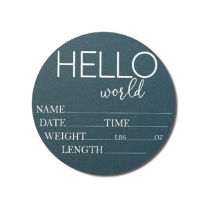 hickory hollow designs - baby announcement sign for newborn boys and girls (color bases) - hello world nursery decor sign & photo prop for babies made of birch wood - 6" circle board (blue)