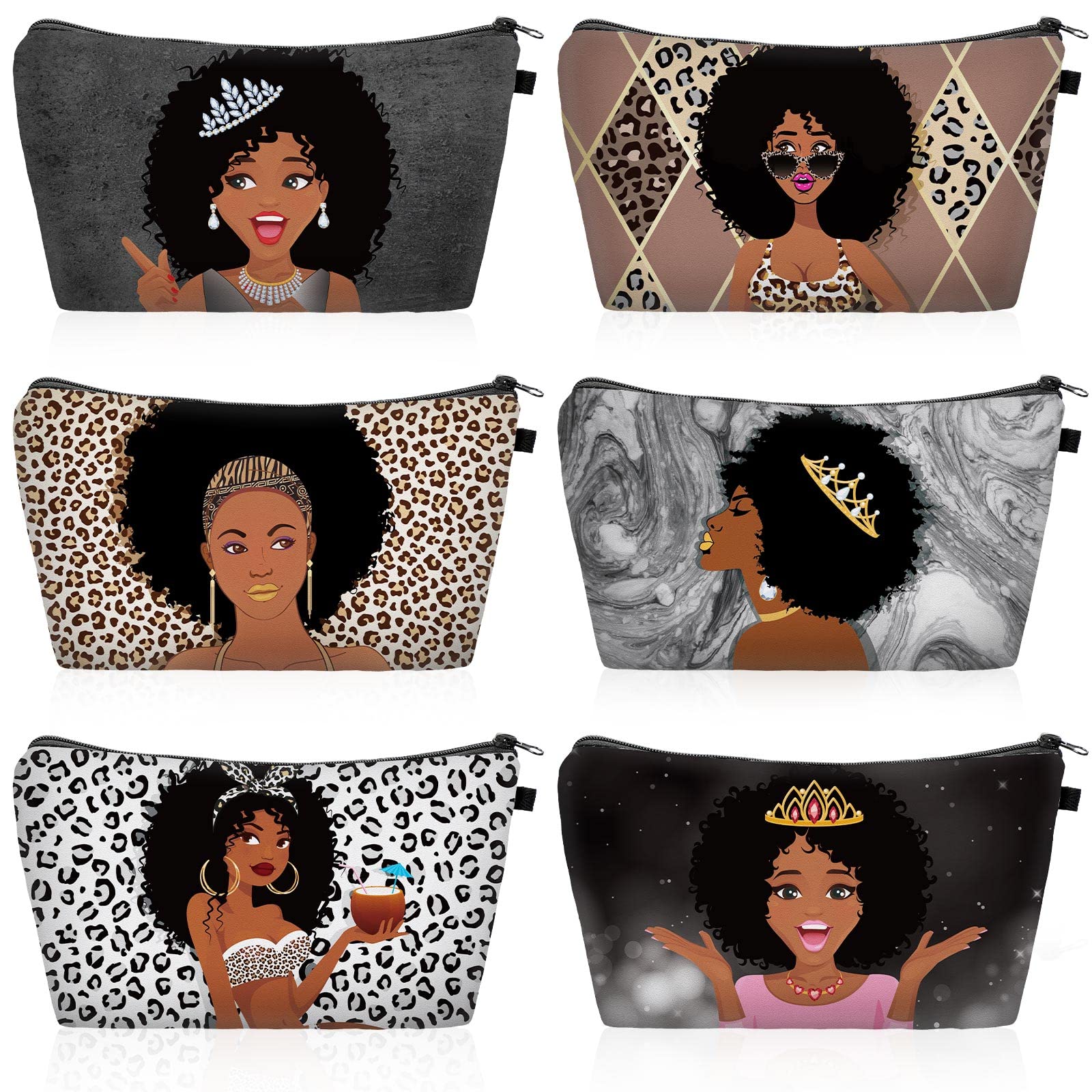 Chunful 6 Pcs Black Women Girl Makeup Bag African American Queen Cosmetic Pouch Black Girl Canvas Travel Toiletry Zippered Bag Reusable Multi Purpose Organizers for Black Lady women Gifts (Elegant)