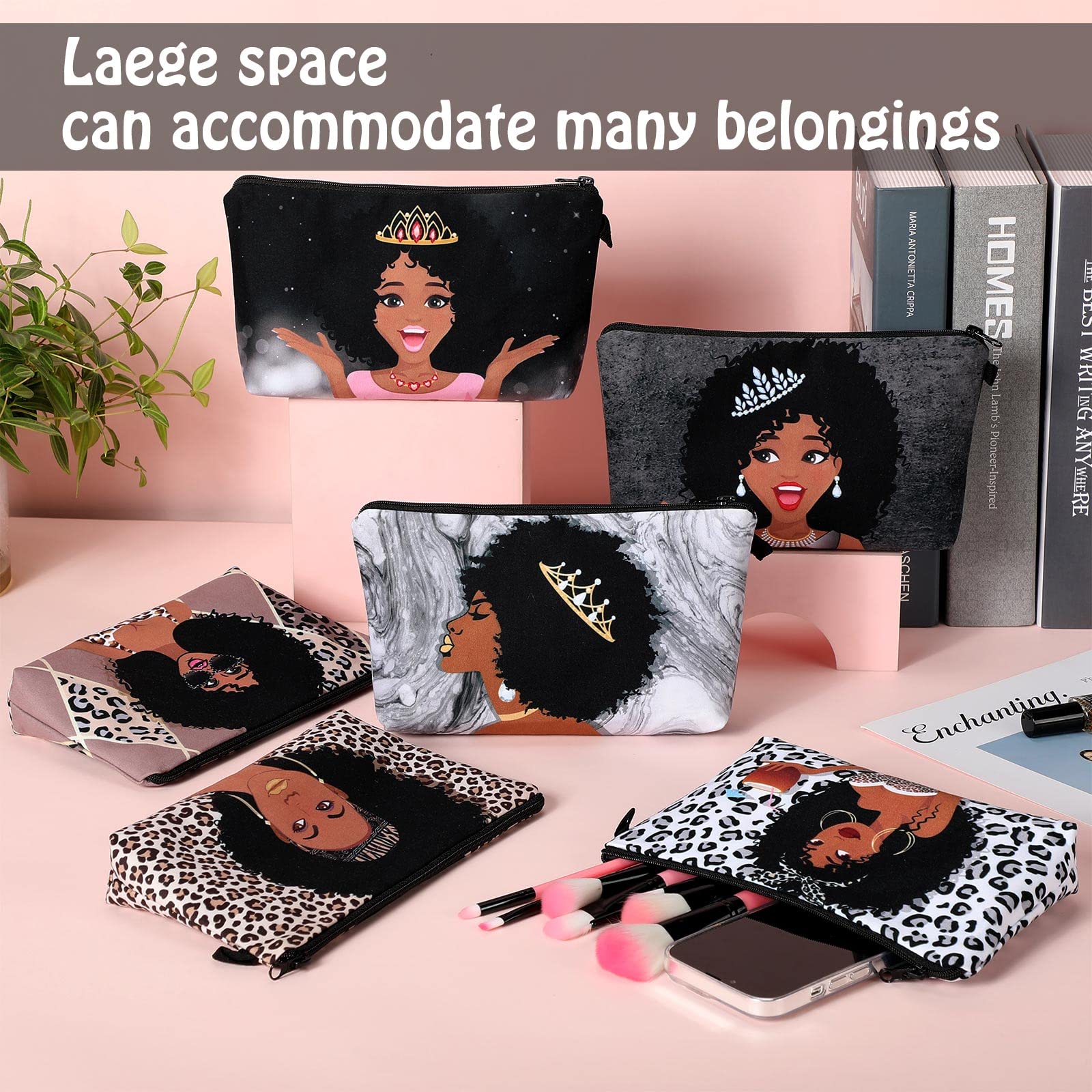 Chunful 6 Pcs Black Women Girl Makeup Bag African American Queen Cosmetic Pouch Black Girl Canvas Travel Toiletry Zippered Bag Reusable Multi Purpose Organizers for Black Lady women Gifts (Elegant)