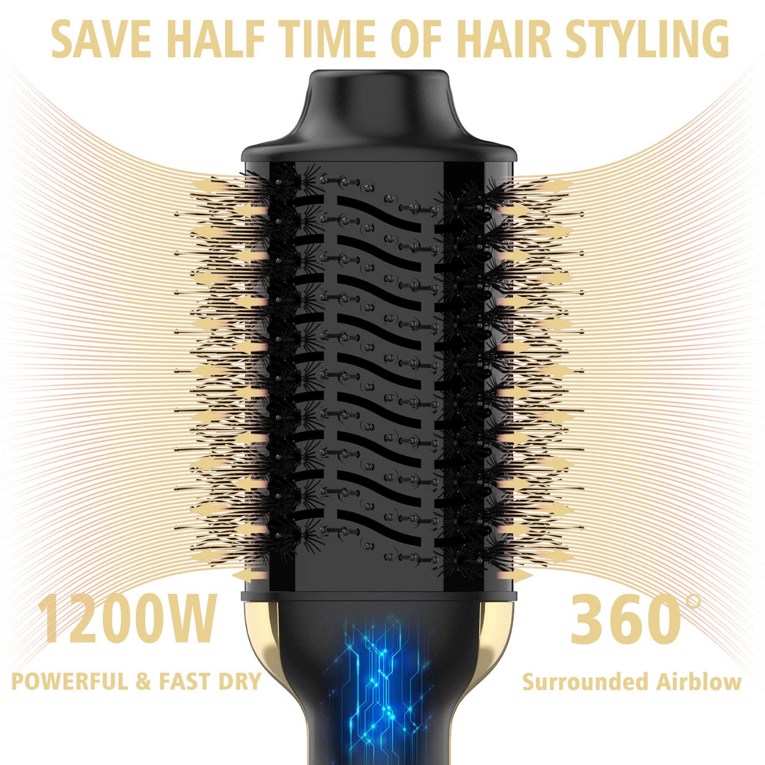 Dimecano Hair Dryer Brush, 4 in 1 One Step Hair Dryer and Styler Volumizer Professional Hot Air Brush with Negative Ion Anti-frizz Blowout for Drying, Straightening Curling - Black Gold