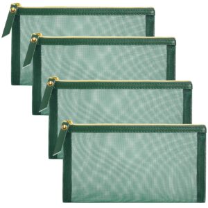 besharppin Mesh Cosmetic Bag, 4pcs Nylon Makeup Pouches with Leather Pull and Golden Zipper for Purse Diaper Bag (Emerald Green)