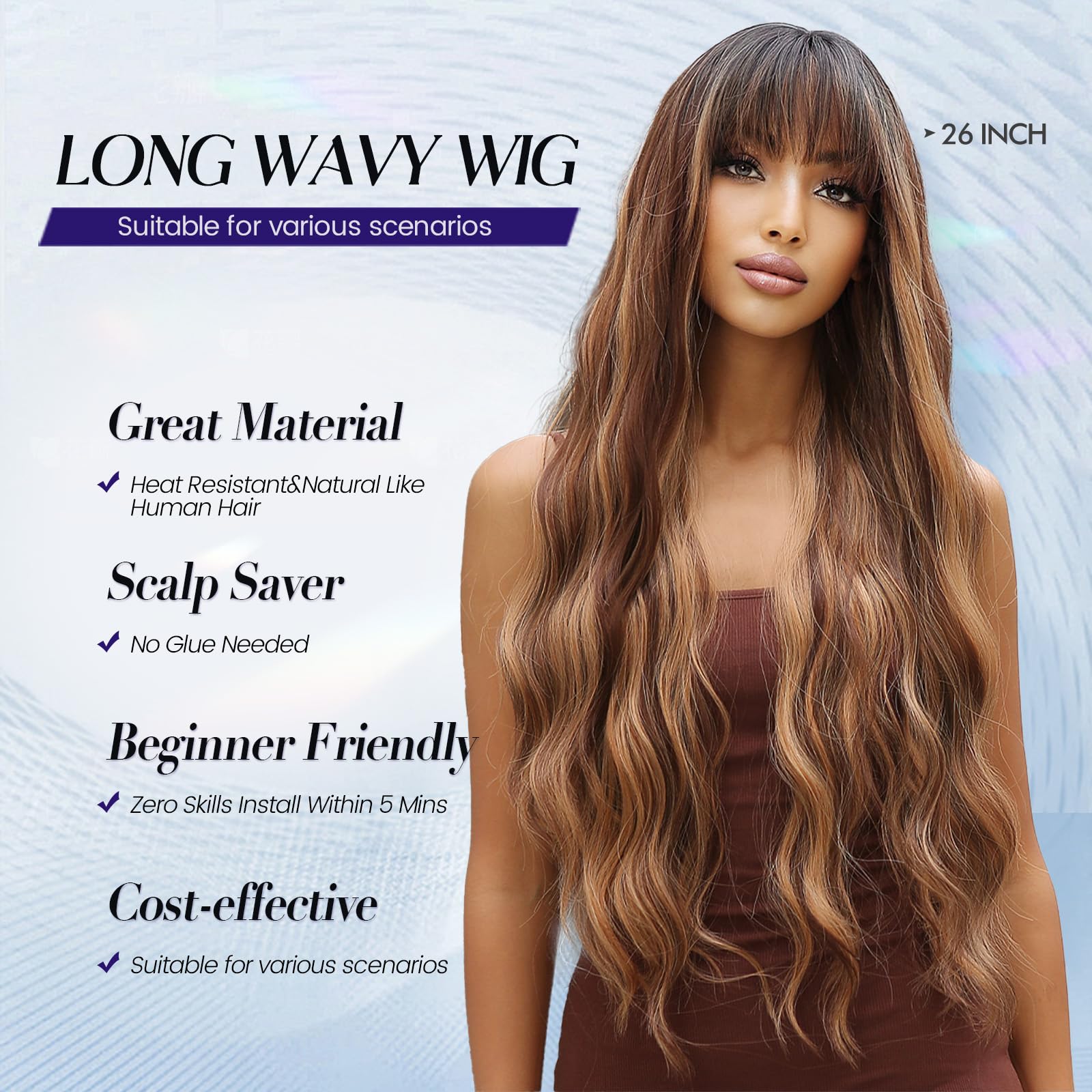 Allbell Long Wave Brown Highlight Wigs with Bangs for Women Synthetic Hair Dark Roots